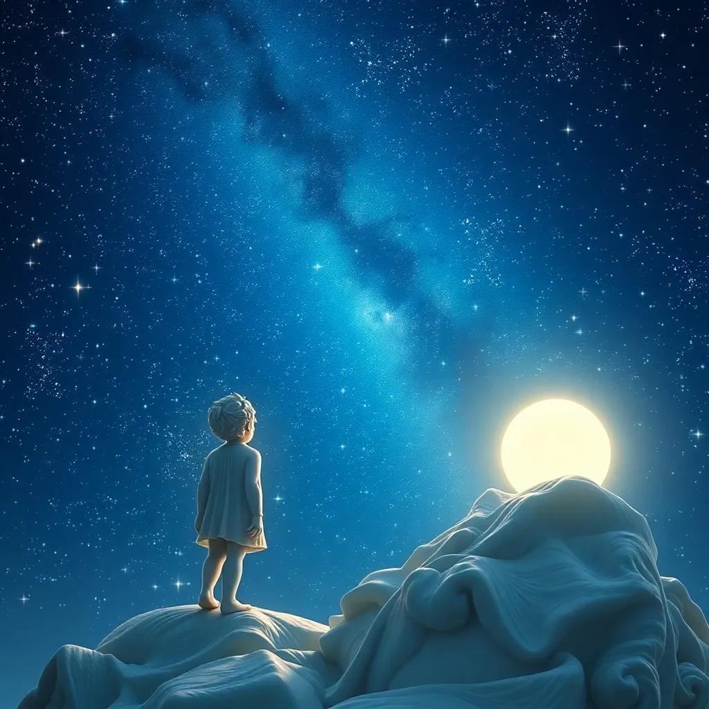 A stunning view of sparkling stars in the night sky, with the little dreamer gazing in awe, surrounded by glowing moonlight, magical and imaginative, detailed digital art, enchanting