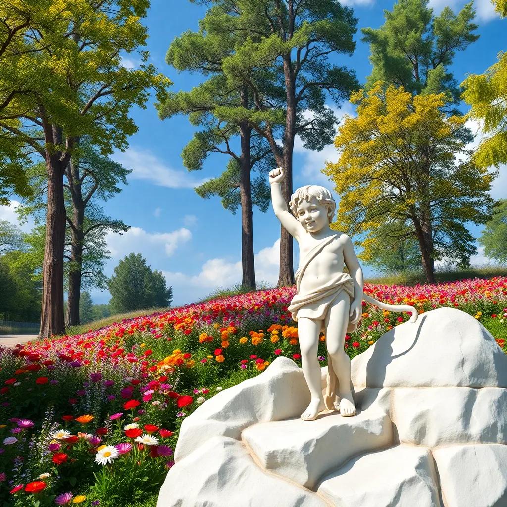 The little dreamer finally reaching the lush promise land, filled with vibrant flowers and tall trees, showcasing joy and triumph, colorful and bright, heartwarming scene, uplifting