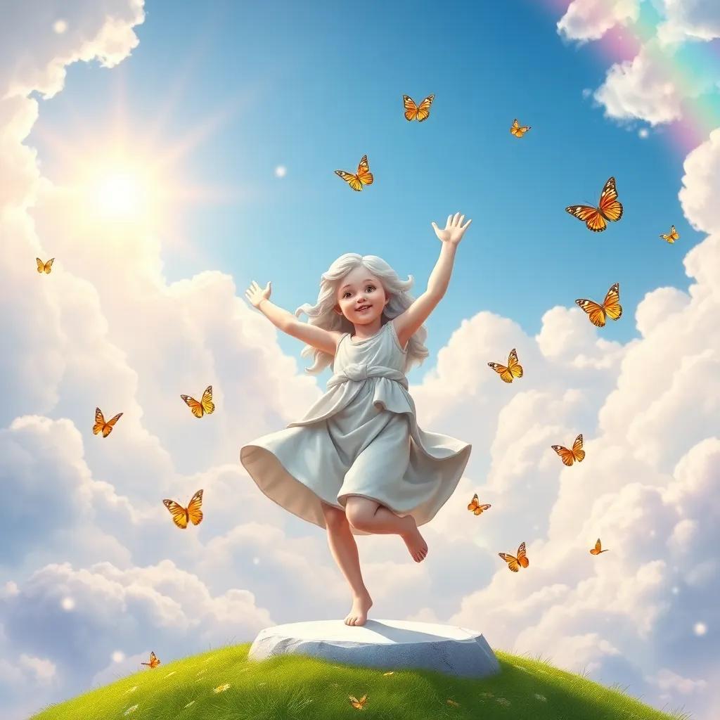 The little dreamer dancing joyfully in the promise land, with butterflies around her and a bright rainbow in the sky,  cheerful and vibrant, lively illustration, joyful atmosphere