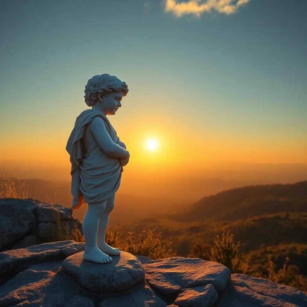 The little dreamer standing in the promise land, looking at the horizon with hope, with a golden sun rising in the background, warm light, hopeful and inspiring, uplifting imagery