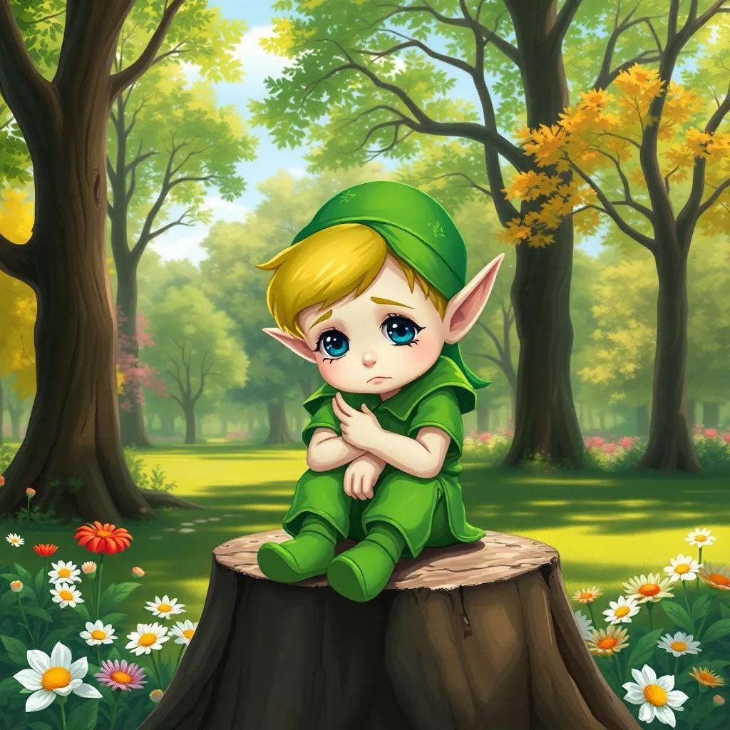 A little elf named Finn, with pointed ears and bright green clothes, sitting sadly on a tree stump in a sunny park surrounded by trees and flowers, digital art, cheerful colors, inviting atmosphere, high quality