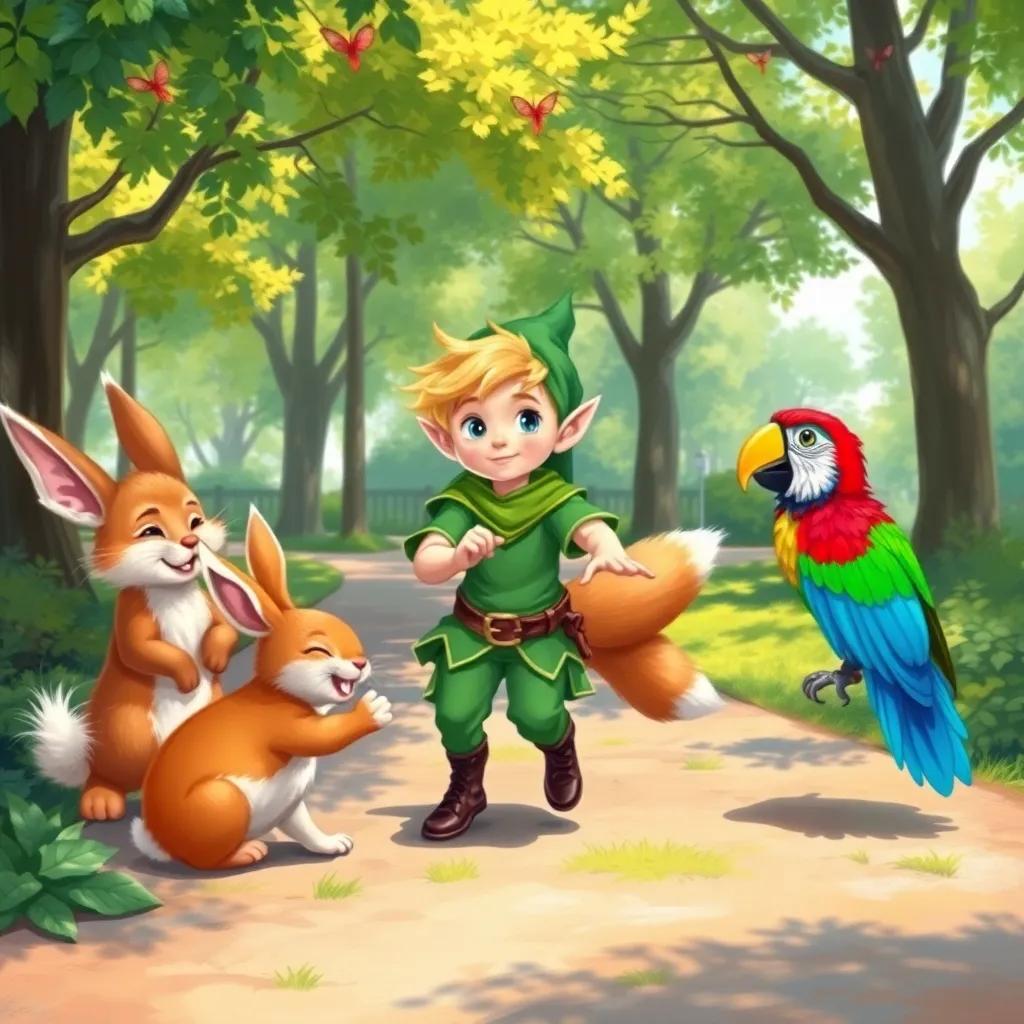 A small elf named Finn with pointed ears and bright green clothes, playing tag with a fluffy bunny, a clever fox, and a colorful parrot in a sunny park, illustration, vibrant colors, playful scene, high quality