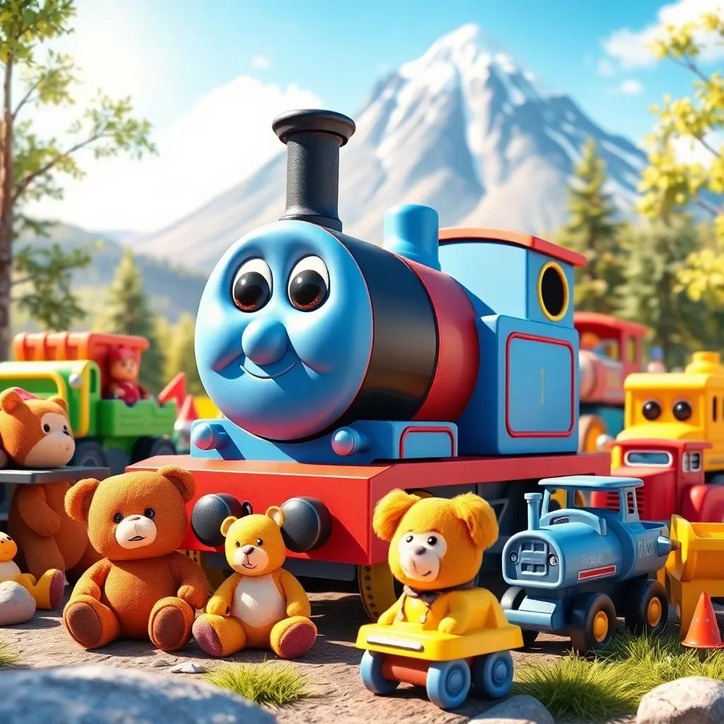 A small blue steam engine with a cheerful face, surrounded by colorful toys like teddy bears, dolls, and trucks, on a sunny day near a mountain, digital art, vibrant colors, joyful atmosphere, high quality