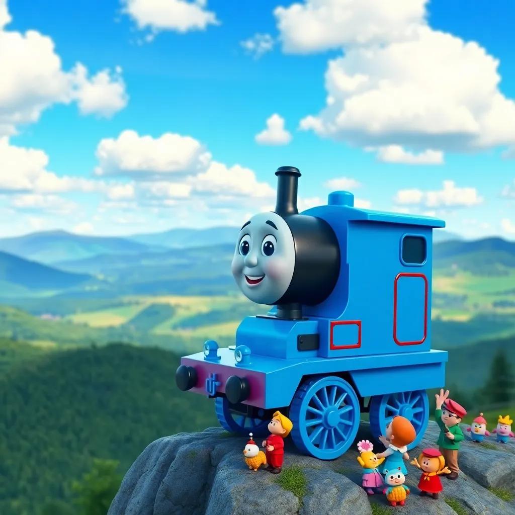 A happy little blue engine at the top of a mountain, looking out over a beautiful landscape of green hills and blue skies, colorful toys cheering around her, digital art, lively colors, uplifting mood, high quality