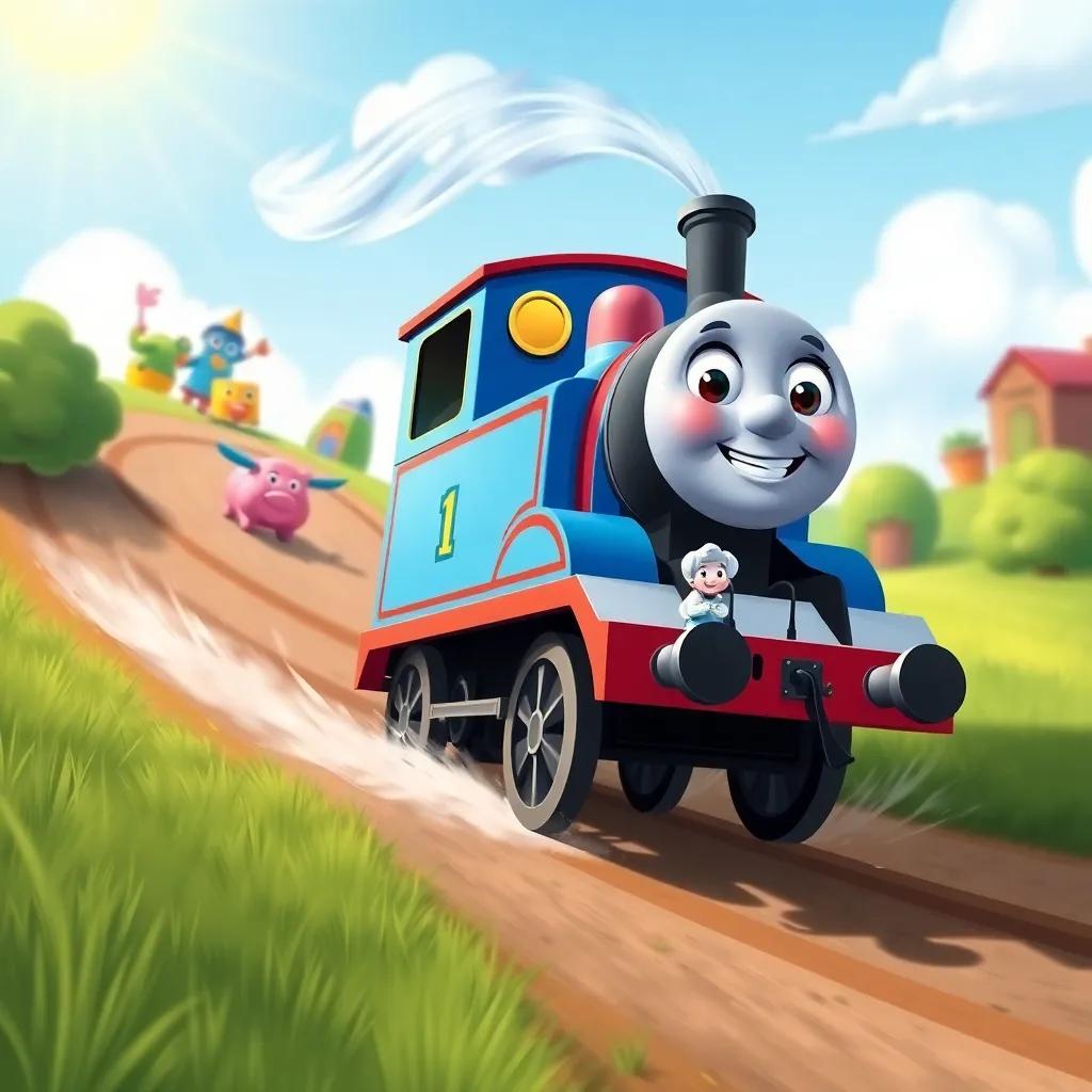 The little blue engine rushing down a hill, wind in her face, with a joyful smile, colorful toys waving behind her, bright sunshine illuminating the scene, illustration, fun and dynamic, child-friendly, high quality