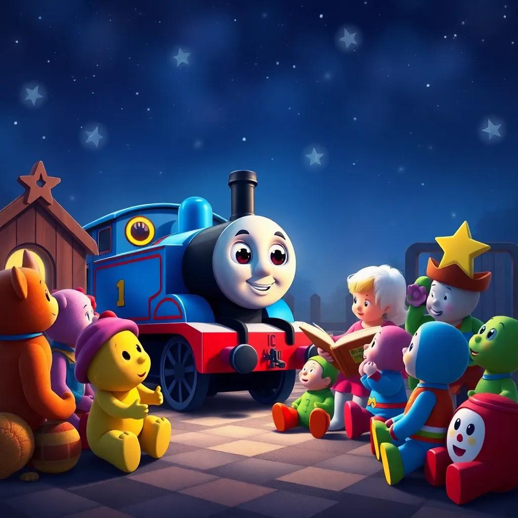 A nighttime scene with a little blue engine sharing her story with colorful toys under twinkling stars, a warm and cozy feeling, the toys listening with awe, digital painting, rich colors, heartwarming atmosphere, high quality