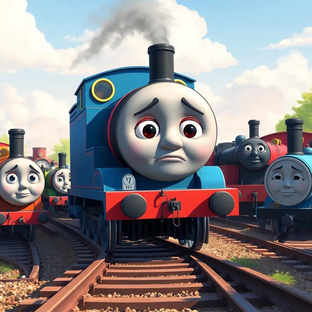 A big, timid train with a sad face stuck on the tracks, surrounded by worried engines, in a sunny, bright day, charming illustration, warm colors, inviting ambiance, high quality