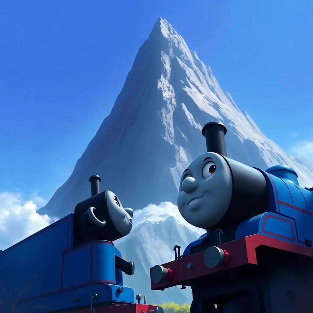 The little blue engine taking a deep breath, looking up at a steep mountain looming above, with determined eyes, beneath a clear blue sky, digital painting, dramatic, uplifting, fantasy