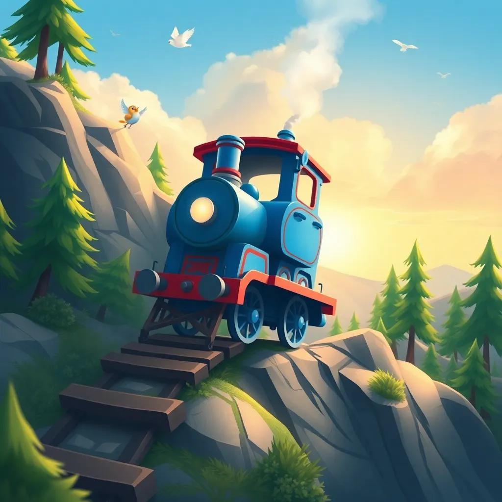 The little blue engine chugging forward, wheels spinning energetically, as she climbs the steep mountain, surrounded by cheering trees and birds, cheerful colors, inspiring, magical atmosphere