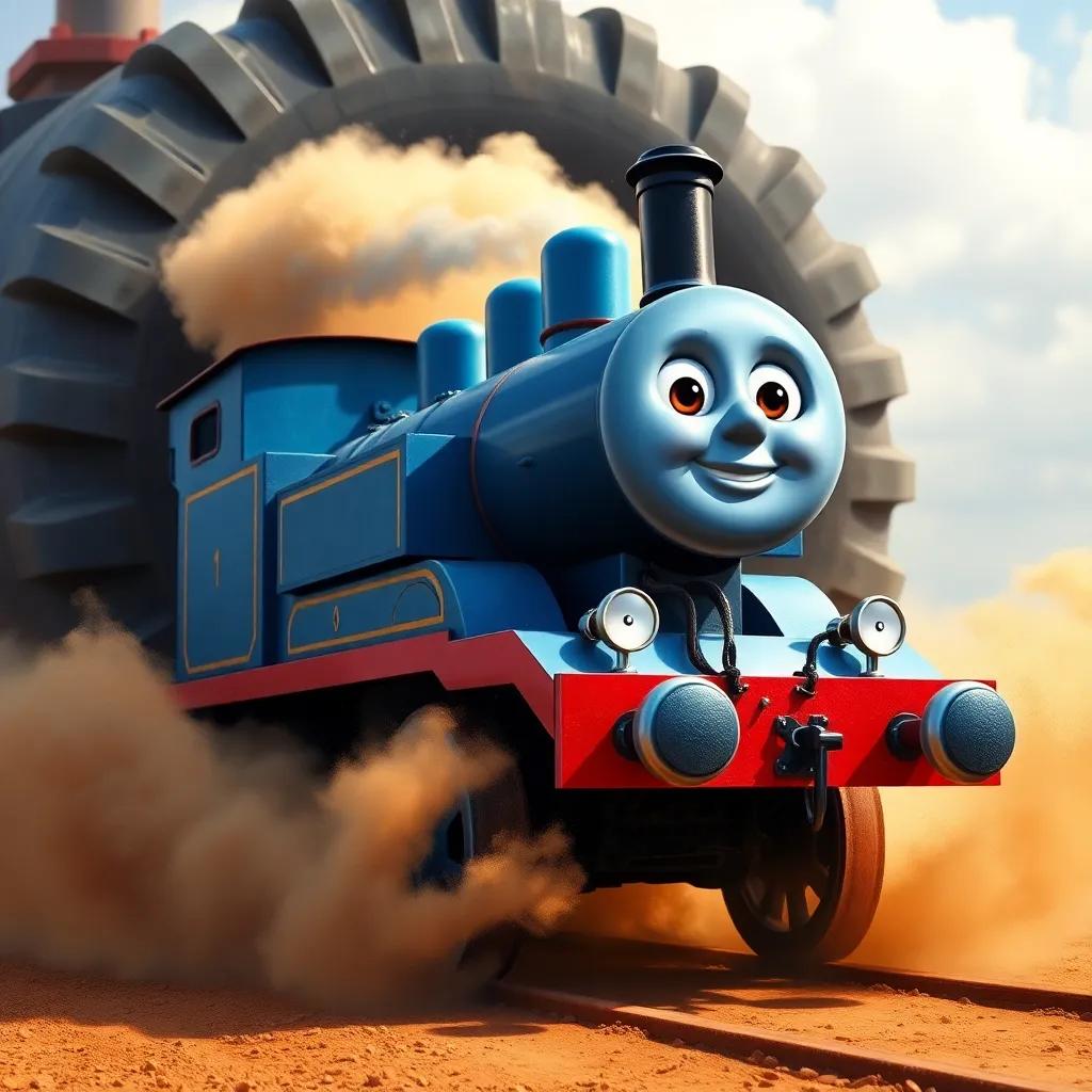 The little blue engine singing 'I think I can, I think I can!' with a bright smile, pushing against a massive load, as dust clouds form around her, vivid imagery, encouraging scene, high quality