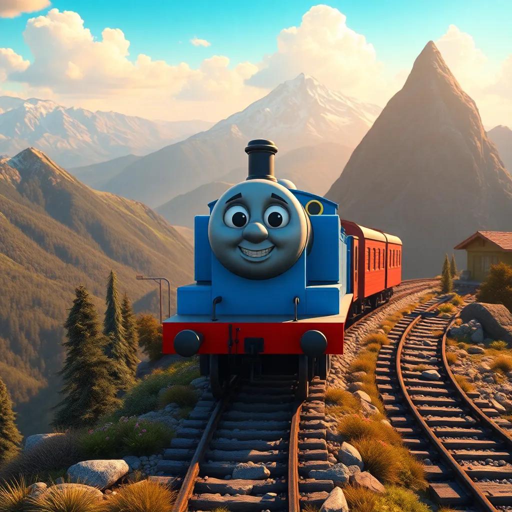 The view from the mountaintop, with the blue engine smiling broadly, looking back down the mountain, with the big train admiring her, surreal art, beautiful landscape, bright and optimistic colors