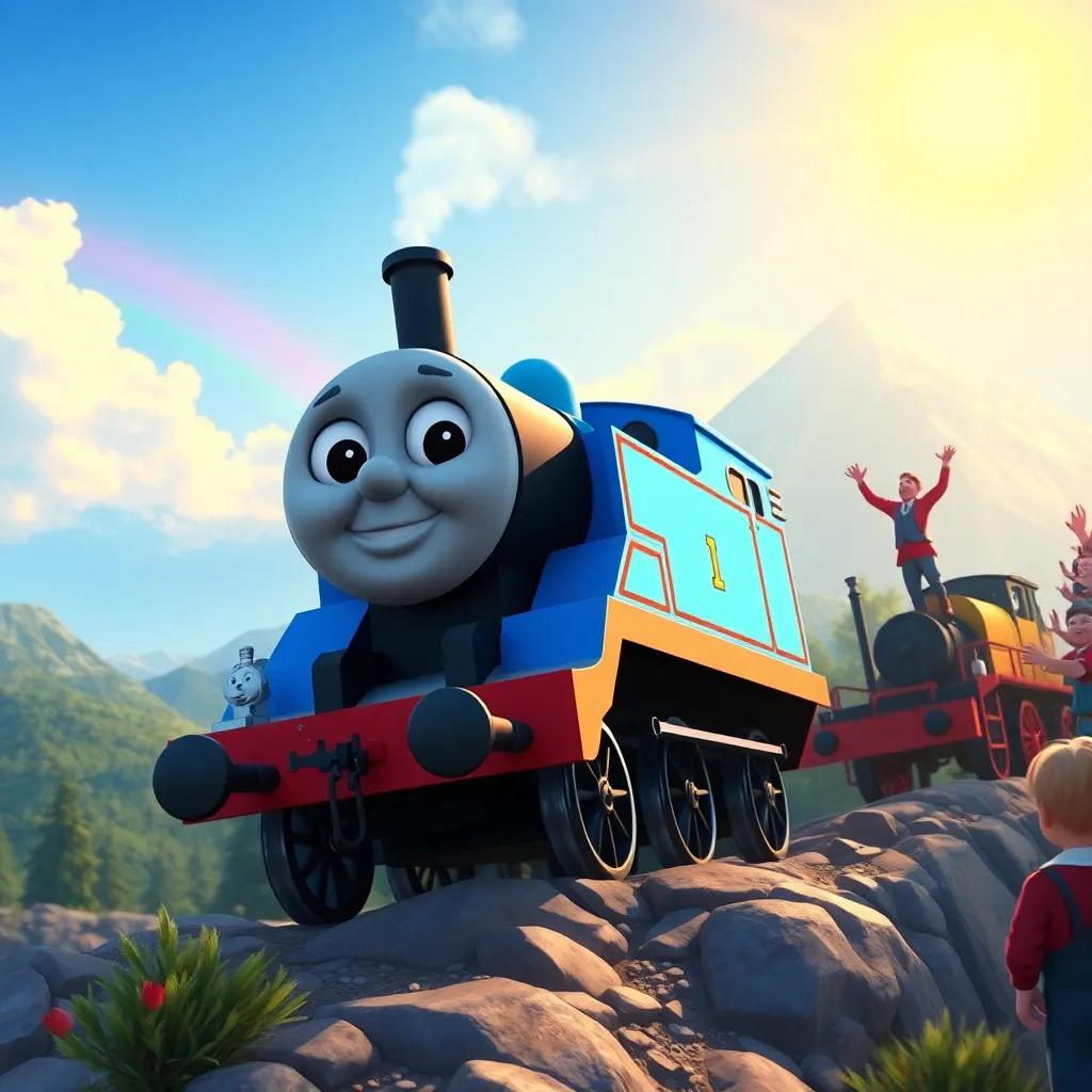 The little blue engine reaching the mountaintop, with sunshine and a rainbow in the background, as other engines cheer and celebrate, joyful scene, heartwarming, festival-like atmosphere, colorful