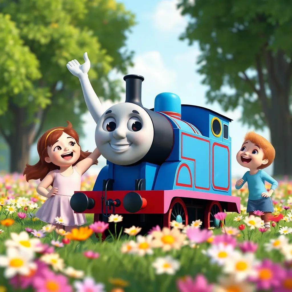 The little blue engine holding her head high with pride, standing among her friends, as they share smiles and laughter in a blooming flower field, bright and cheerful, full of life, heartwarming illustration