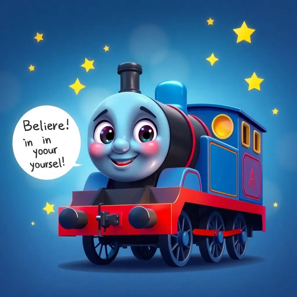 The little blue engine with a determined look, surrounded by stars and feeling empowered, with a speech bubble saying 'Believe in yourself!', dreamy background, whimsical art, imaginative and engaging