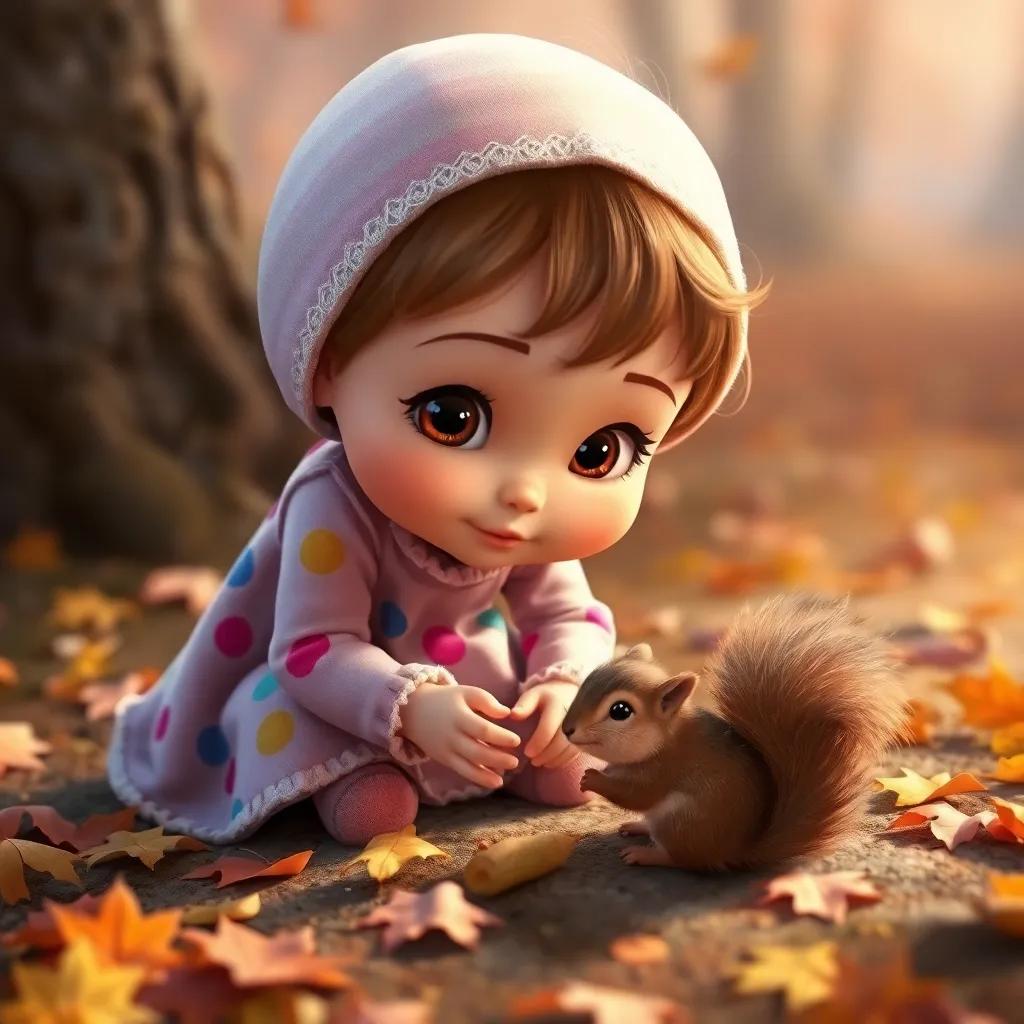 Laila, a little girl with bright curious eyes in a colorful dress, kneeling on the ground with autumn leaves around her, discovering a tiny squirrel curled up and shivering, heartwarming scene, cozy, detailed, rich colors, gentle light, storytelling view, high quality
