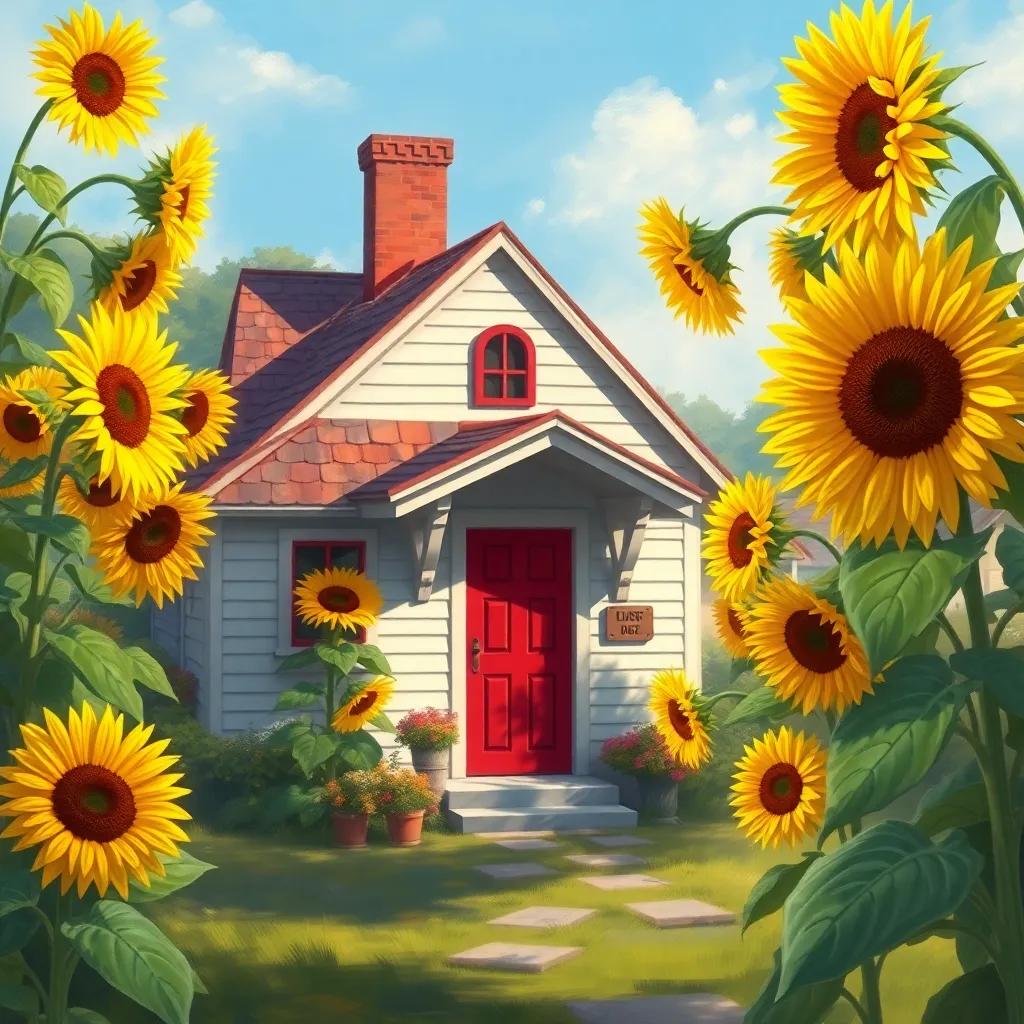 A small house with a bright red door surrounded by cheerful sunflowers swaying in the breeze, in a peaceful village, digital art, warm colors, inviting atmosphere, high quality