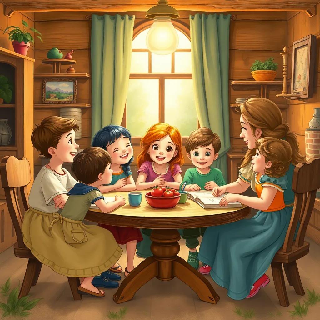 A cozy family gathered around a table in the Little House of Joy, kids laughing, sharing stories, a loving mother asking about their day, illustrated in a vibrant, wholesome style, warm light, heartwarming scene, high quality