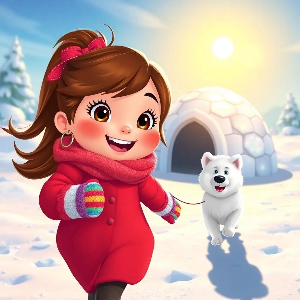 A little girl, Mia, with brown hair, wearing a bright red coat and colorful mittens, running towards a shiny igloo with her fluffy white dog, Snowy, in a snowy landscape, digital illustration, cheerful colors, bright sunshine, inviting atmosphere, playful, high quality