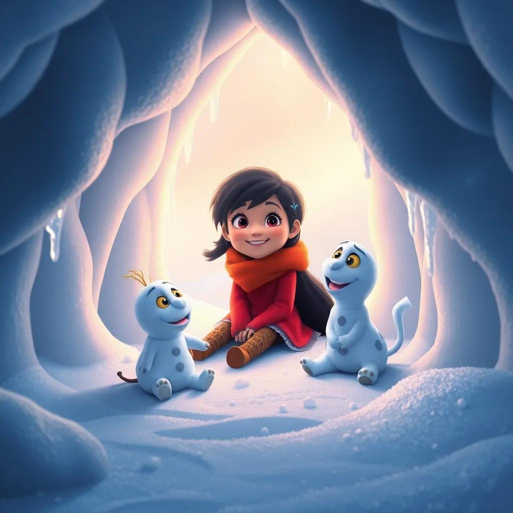 Mia and Snowy sitting inside the igloo, surrounded by soft snow and icicles, Mia looking amazed and happy, Snowy wagging its tail, warm light, cozy vibe, digital art, warm colors, child-friendly, high quality