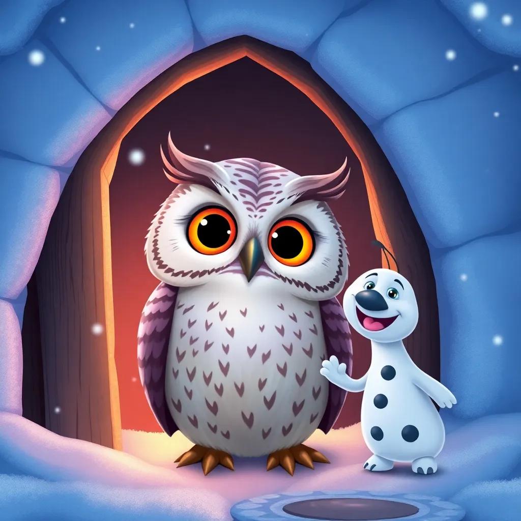 A wise owl sitting outside the igloo, its big eyes sparkling, with snowflakes around, Mia peeking out with a big smile, Snowy by her side looking up, magical, colorful, inviting, digital illustration, joyful atmosphere, high quality