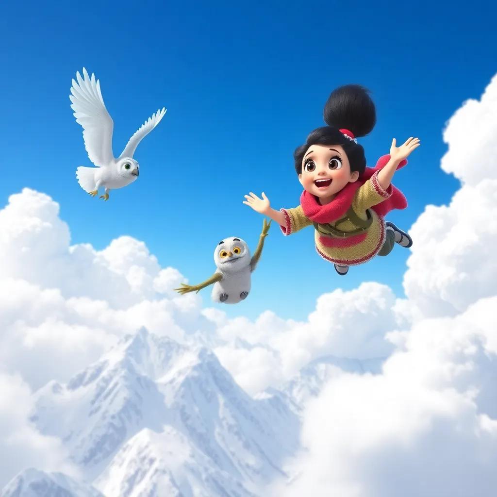 Mia flying in the air with the owl and Snowy, the snowy mountains below them, Mia joyful and amazed, with fluffy clouds around, bright blue sky, digital art, vibrant colors, fun perspective, high quality