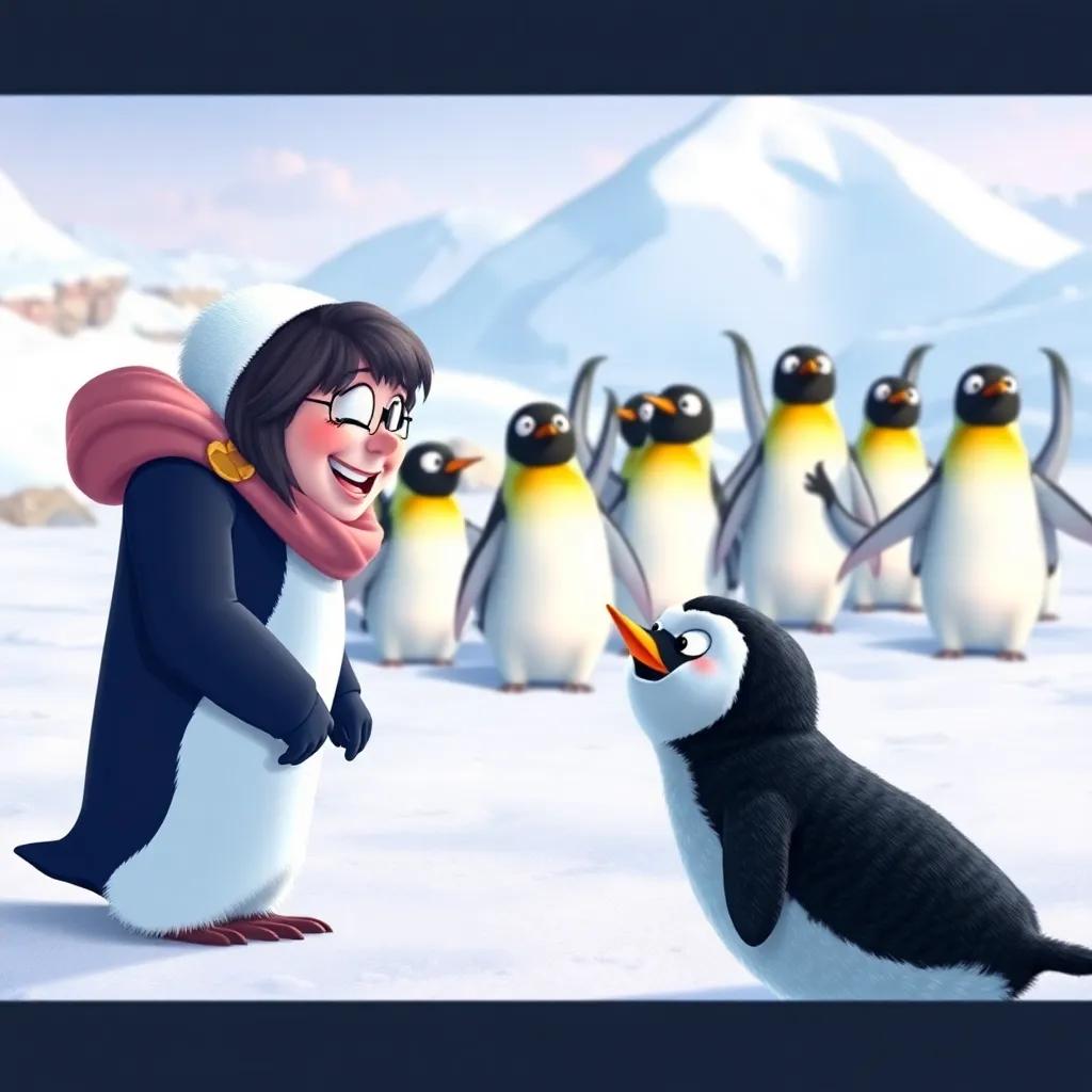 Mia and Snowy spotting a group of playful penguins, the penguins waving their flippers, Mia laughing, Snowy barking, snowy landscape, cheerful scene, colorful, digital illustration, heartwarming atmosphere, high quality