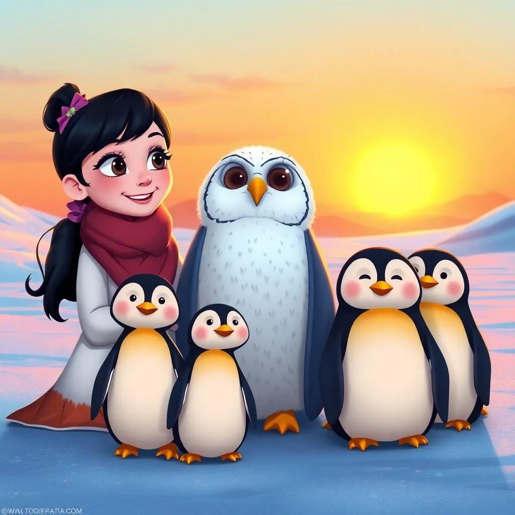 Mia, Snowy, the owl, and the penguins sitting together on the ice, all looking happy and content, the sun setting in the background, warm colors, heartwarming atmosphere, digital illustration, friendly vibe, high quality
