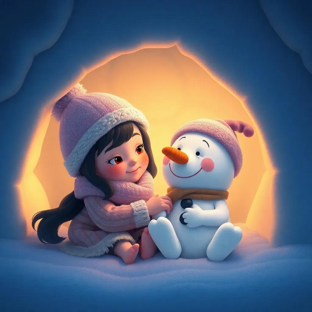 Mia and Snowy inside the igloo, snuggling together, wearing cute hats made of snow, dreaming happily, warm light, cozy and friendly atmosphere, digital art, peaceful scene, high quality