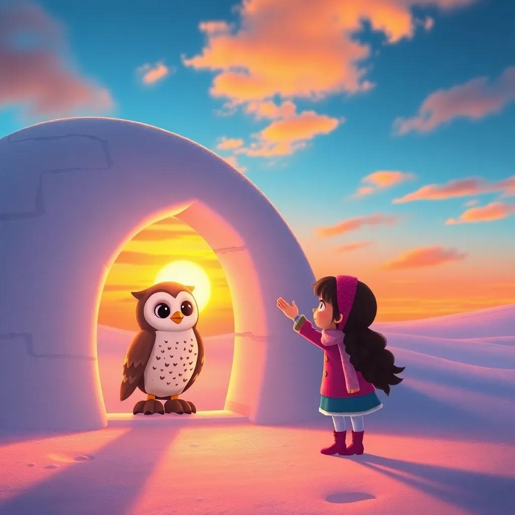 Mia waving goodbye to the owl outside the igloo, the owl smiling back, the sunset creating a magical glow, colorful sky, heartwarming scene, digital illustration, child-friendly atmosphere, high quality
