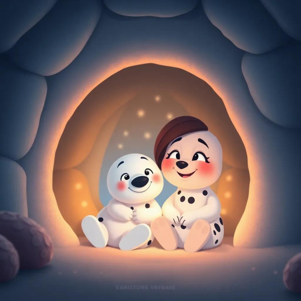 Mia and Snowy inside the igloo, snuggled up with smiles on their faces, dreaming of new adventures, warm light, cozy and happy atmosphere, digital art, soothing colors, high quality