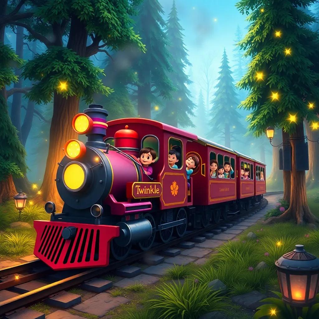 Twinkle's engine chugging along the tracks, carrying excited children, entering a magical Enchanted Forest filled with lush trees and sparkling lights, colorful, fantasy style, cheerful, high quality