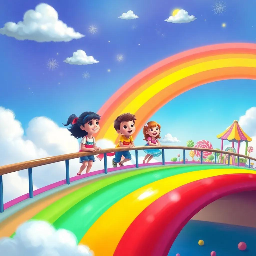 Twinkle with children onboard crossing a Rainbow Bridge, painted in various colors with clouds around, smiling as they view a candy playground on the other side, whimsical scene, digital painting, bright and colorful
