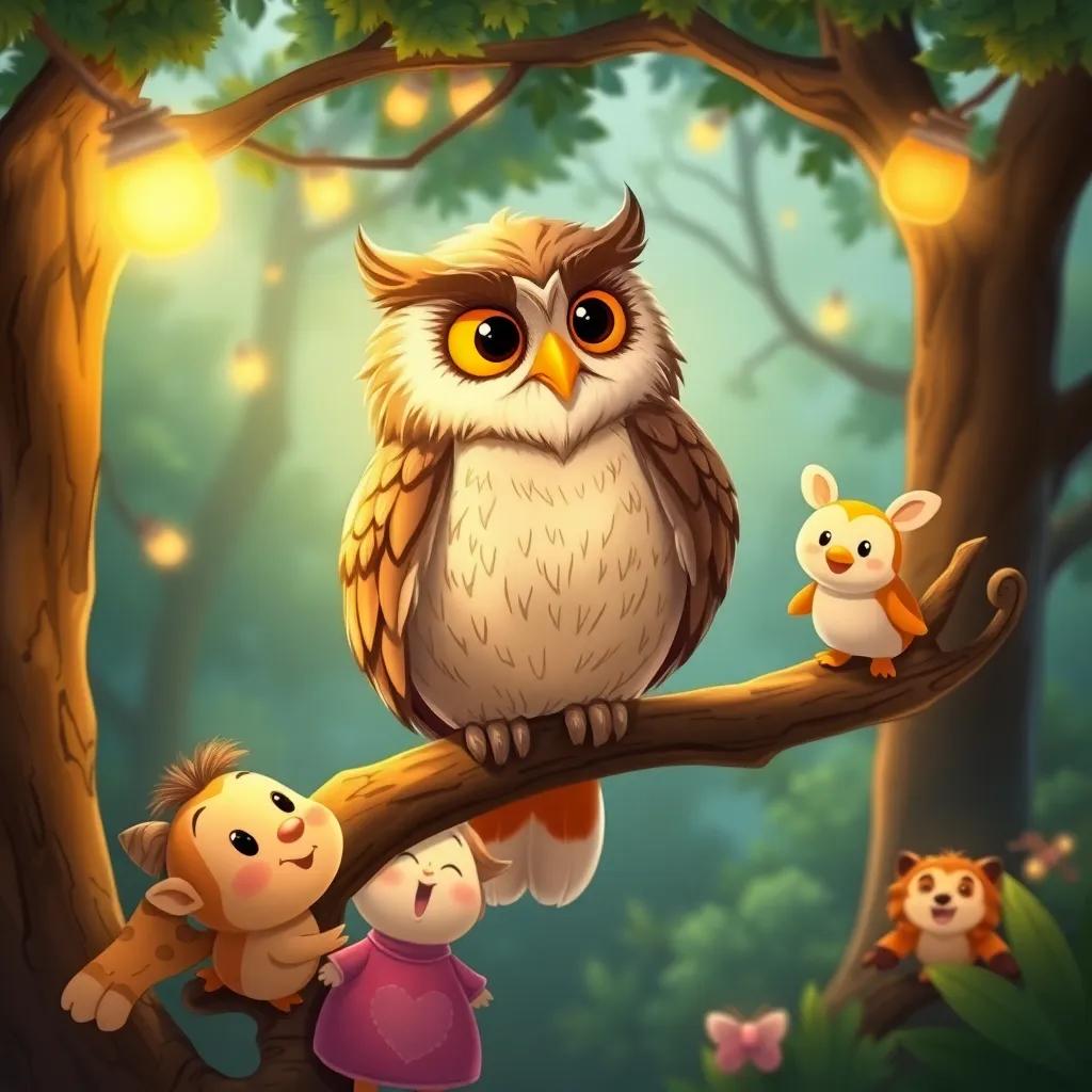 A wise old owl perched on a branch, telling jokes to children and animals near Twinkle, laughter all around, enchanting forest background, cozy and friendly, illustration, warm tones, high quality