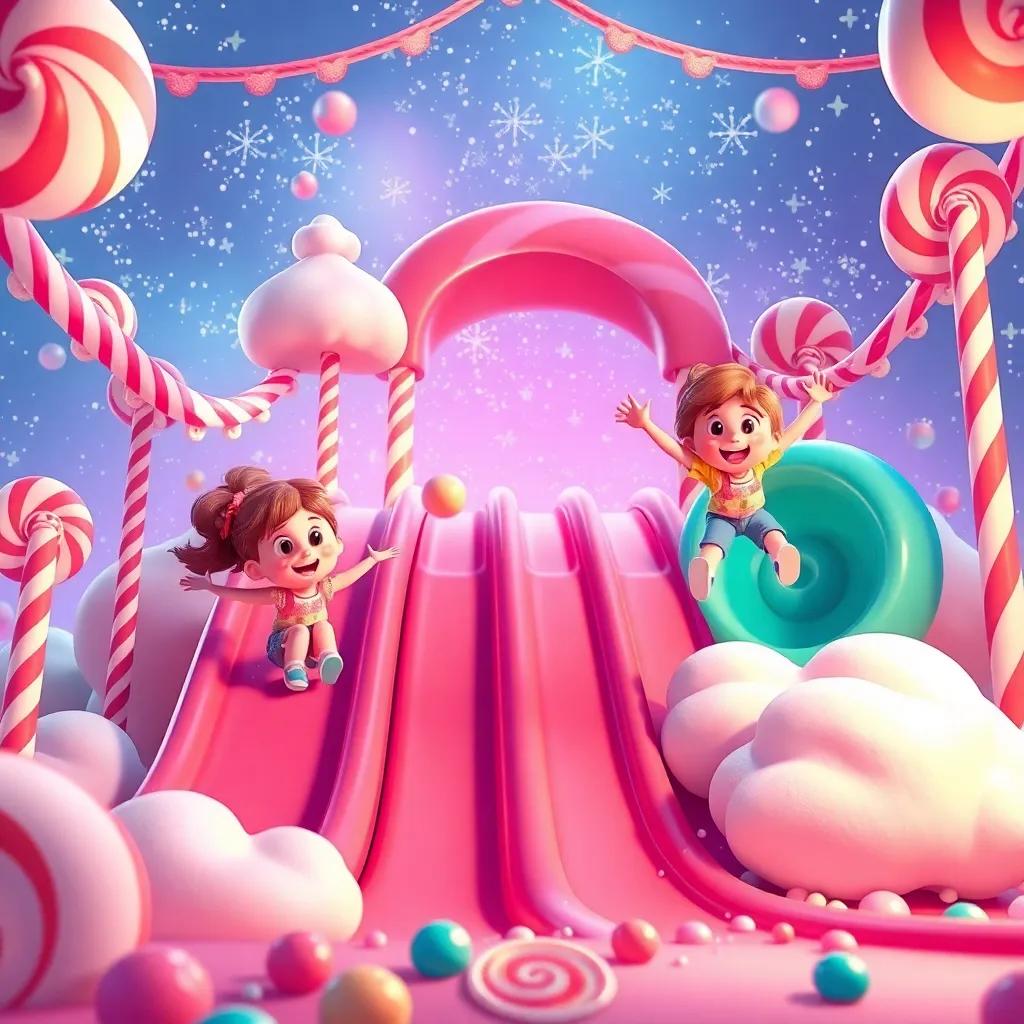 Children having fun in a candy playground, sliding down licorice slides and jumping on marshmallow clouds, Twinkle in the background cheering them on, vibrant and joyful, fantasy theme, delightful atmosphere