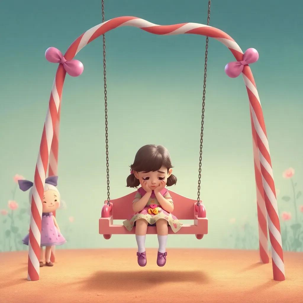 A sad little girl sitting alone on a candy swing, looking down, while Twinkle and other children approach her with smiles, heartwarming setting, pastel colors, digital art, cozy scene