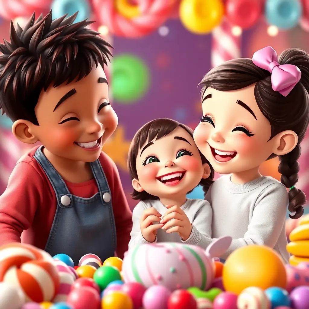 Children and the little girl laughing and playing together in a candy playground, building friendships with smiles, surrounded by sweets and treats, cheerful, artsy, high quality