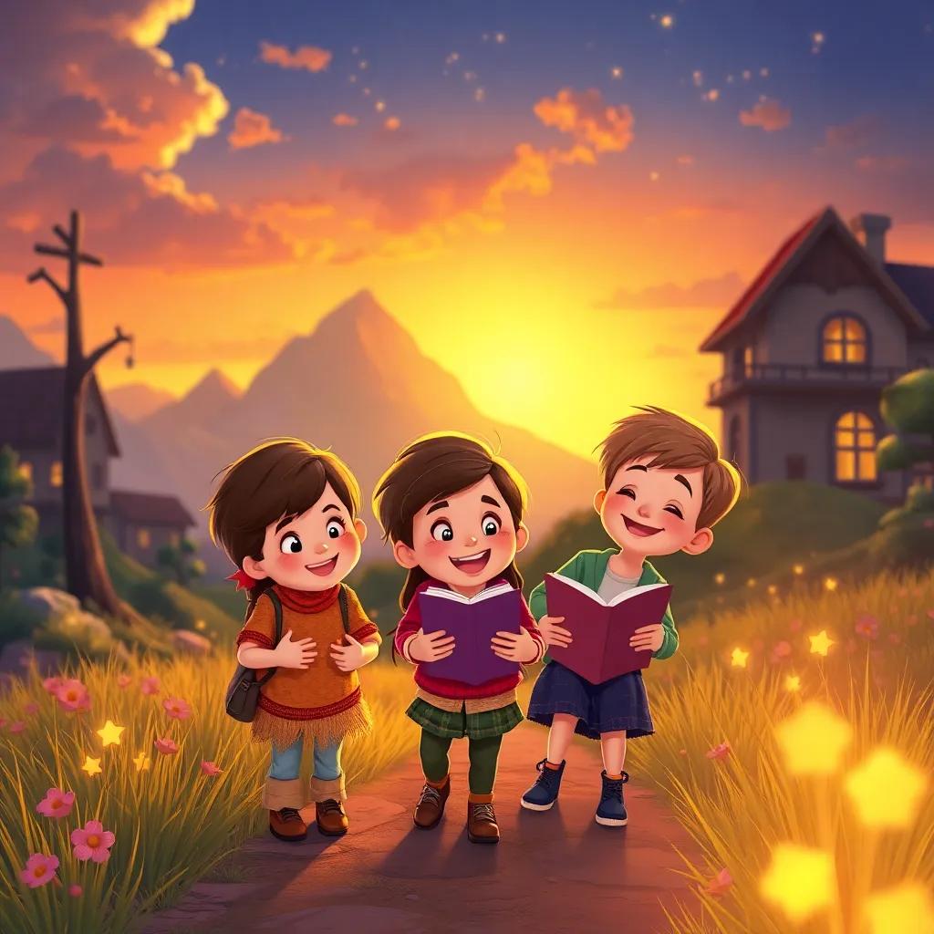 Twinkle taking children back home through the magical landscape as they share stories and laughter, warm sunset lighting, happy expressions, whimsical style