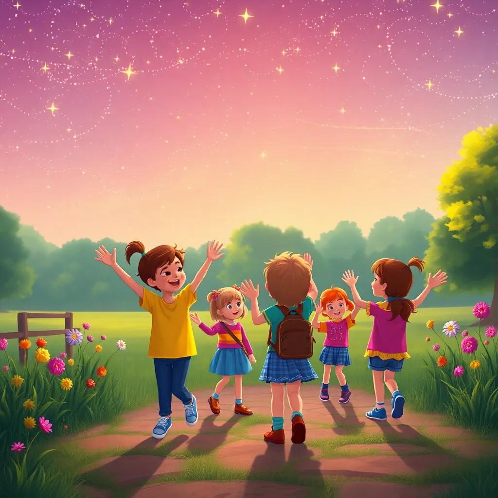 Twinkle returning to the park with children happily waving goodbye to new friends, under a star-filled sky as they promise to come back, warm and inviting, vibrant colors, dreamy atmosphere
