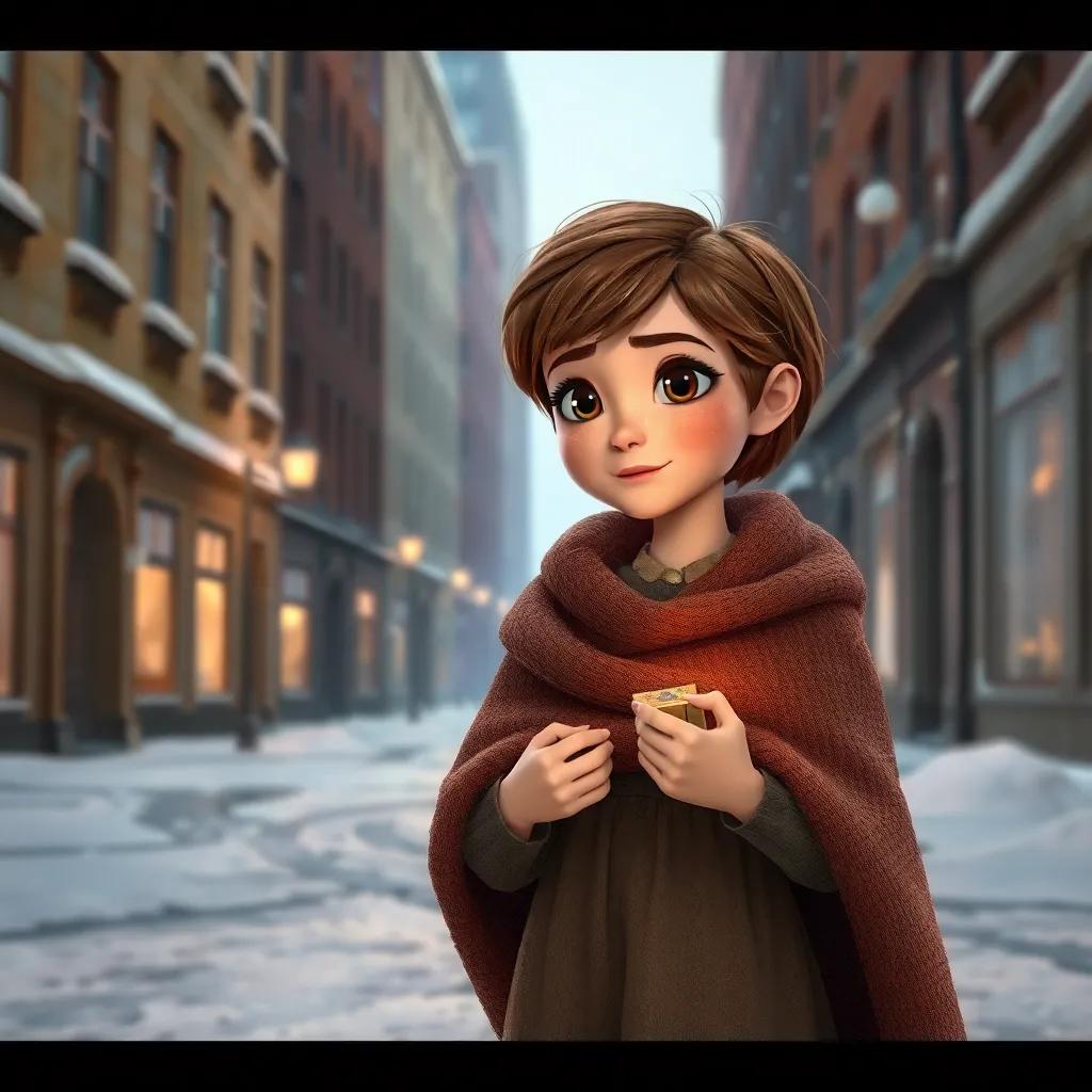 A young girl, Anna, with short brown hair, wearing a ragged dress and oversized shawl, standing on a snowy street with her matchbox in hand, surrounded by tall buildings, digital art, winter theme, soft colors, slight focus, heartwarming scene, high quality