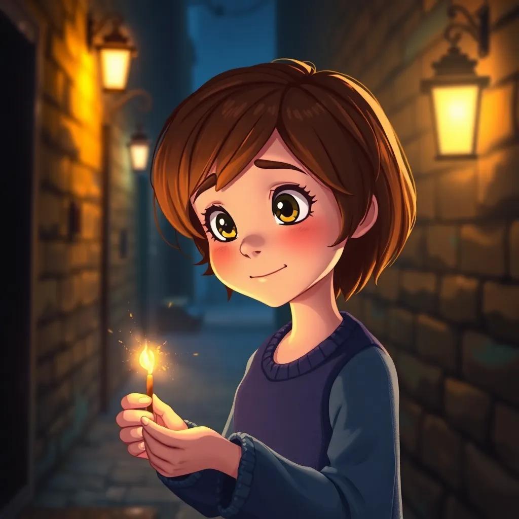Anna, a little girl with short brown hair, striking a match, with a whimsical glow illuminating her face in a dark alley, showing wonder in her eyes, illustration, magical essence, warm light, strong contrast, cheerful atmosphere, high quality