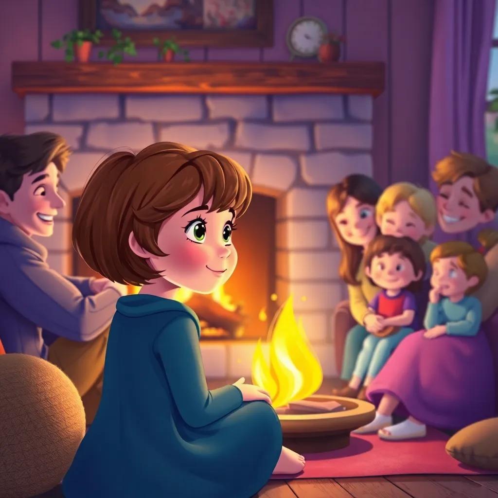 Anna, a little girl with short brown hair, watching a fire blaze in a fireplace surrounded by her happy family, in a cozy home, filled with love and harmony, digital painting, soft and warm colors, inviting atmosphere, heartwarming, high quality