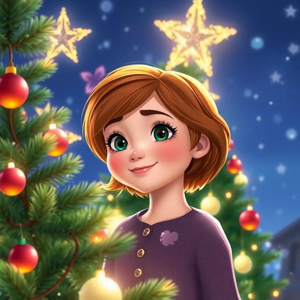 Anna, a little girl with short brown hair, surrounded by a beautiful Christmas tree, adorned with sparkling lights and colorful ornaments, glowing softly under the night sky, illustration, festive spirit, magical sparkle, joyful mood, high quality