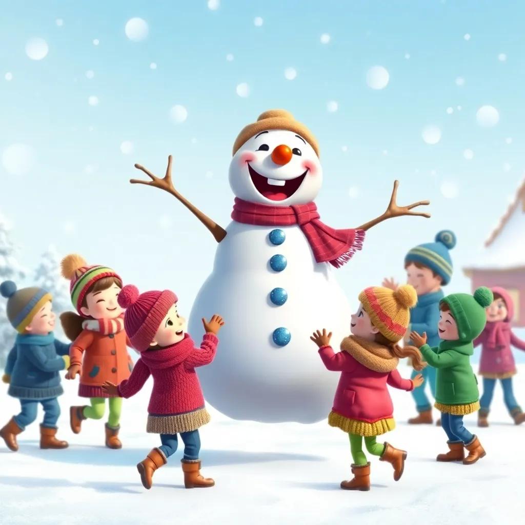 A joyful snowman dancing in the snow, with a big smile, wearing a scarf and hat, surrounded by children in winter clothes, playing together, digital art, vibrant colors, lively and fun atmosphere, family-friendly, high quality