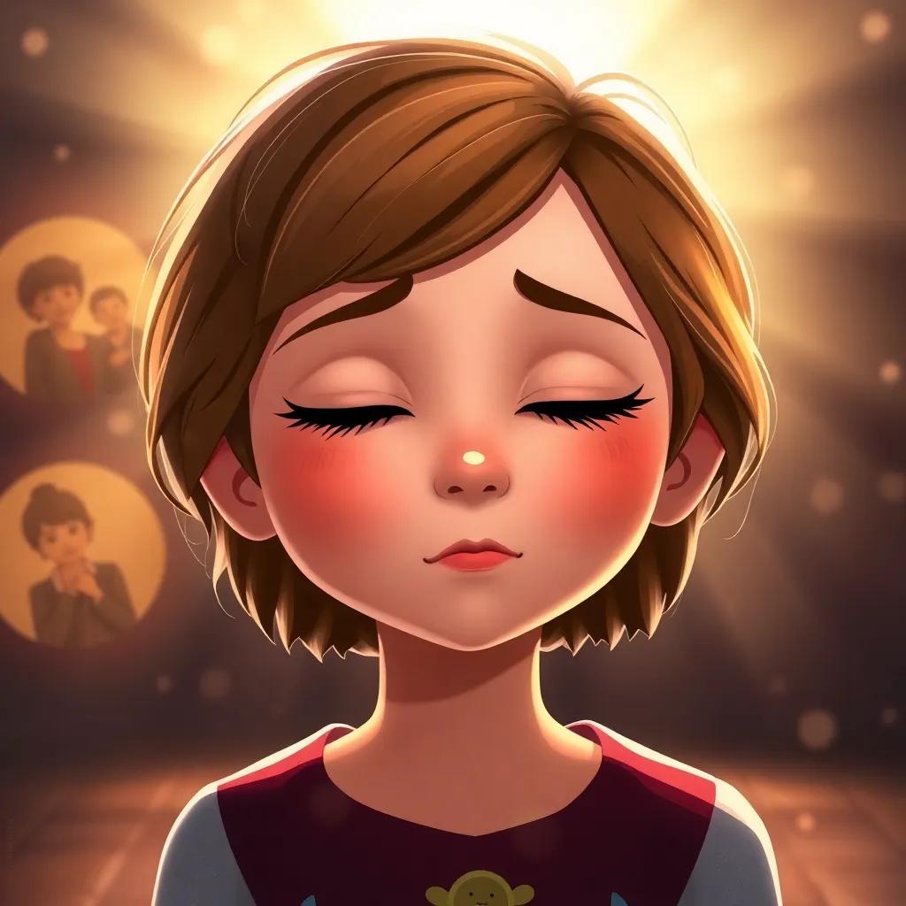 Anna, a little girl with short brown hair, closing her eyes tightly, surrounded by a bright light symbolizing hope and love, reflecting images of her family in the background, illustration, hopeful and warm, glowing ambiance, uplifting scene, high quality