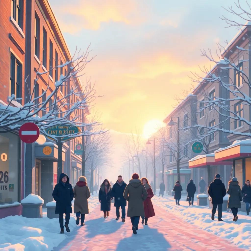 A snowy street at dawn, where the sun begins to rise while the chilly air fades away, showing people coming alive, digital painting, soft colors, brightening scene, feel-good atmosphere, heartwarming, high quality