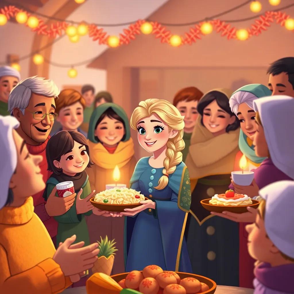 A heartwarming gathering of neighbors, sharing food and warmth with those in need, with Anna smiling as she watches, filled with joy and belonging, illustration, community spirit, warm and inviting colors, uplifting, high quality