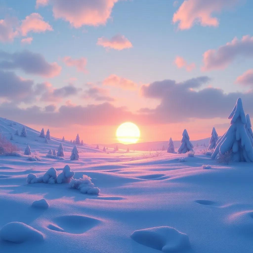 A snowy landscape with a bright sunrise, symbolizing a new beginning, with Anna's memories glowing softly in the foreground, digital painting, dreamy colors, serene atmosphere, emotional and reflective, high quality