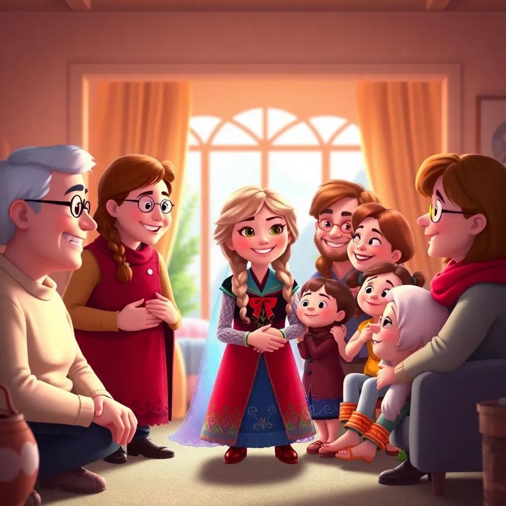 A scene of Anna's family warmly welcoming her back, in a bright and cheerful home, surrounded by love, digital art, warm colors, joyful reunion, heartwarming and emotional, high quality