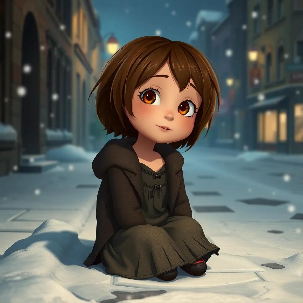 A little girl named Lily, with short brown hair, wearing a tattered dress and a thin coat, sitting on a snowy street at night, with gentle falling snow, digital art, soft colors, warm and inviting atmosphere, high quality