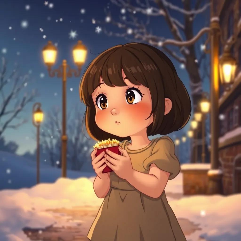 Lily, a little girl with brown hair in a tattered dress, holding a box of matches tightly, gazing hopefully into the night, surrounded by a snowy landscape and street lamps, illustration, whimsical, child-friendly, high quality